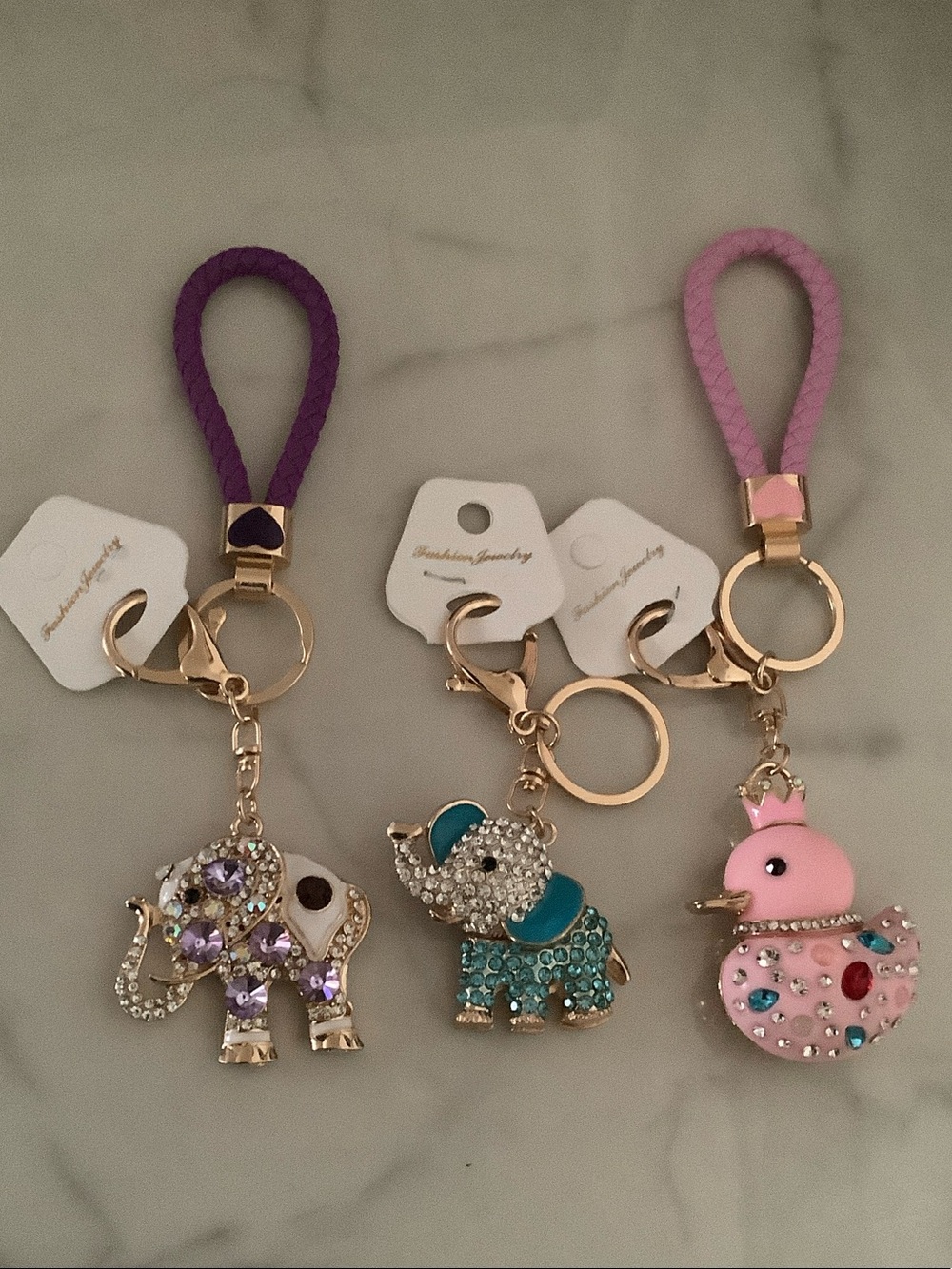 Pink Duck, Purple Elephant & Teal Elephant Bag-charm/Keychain Trio